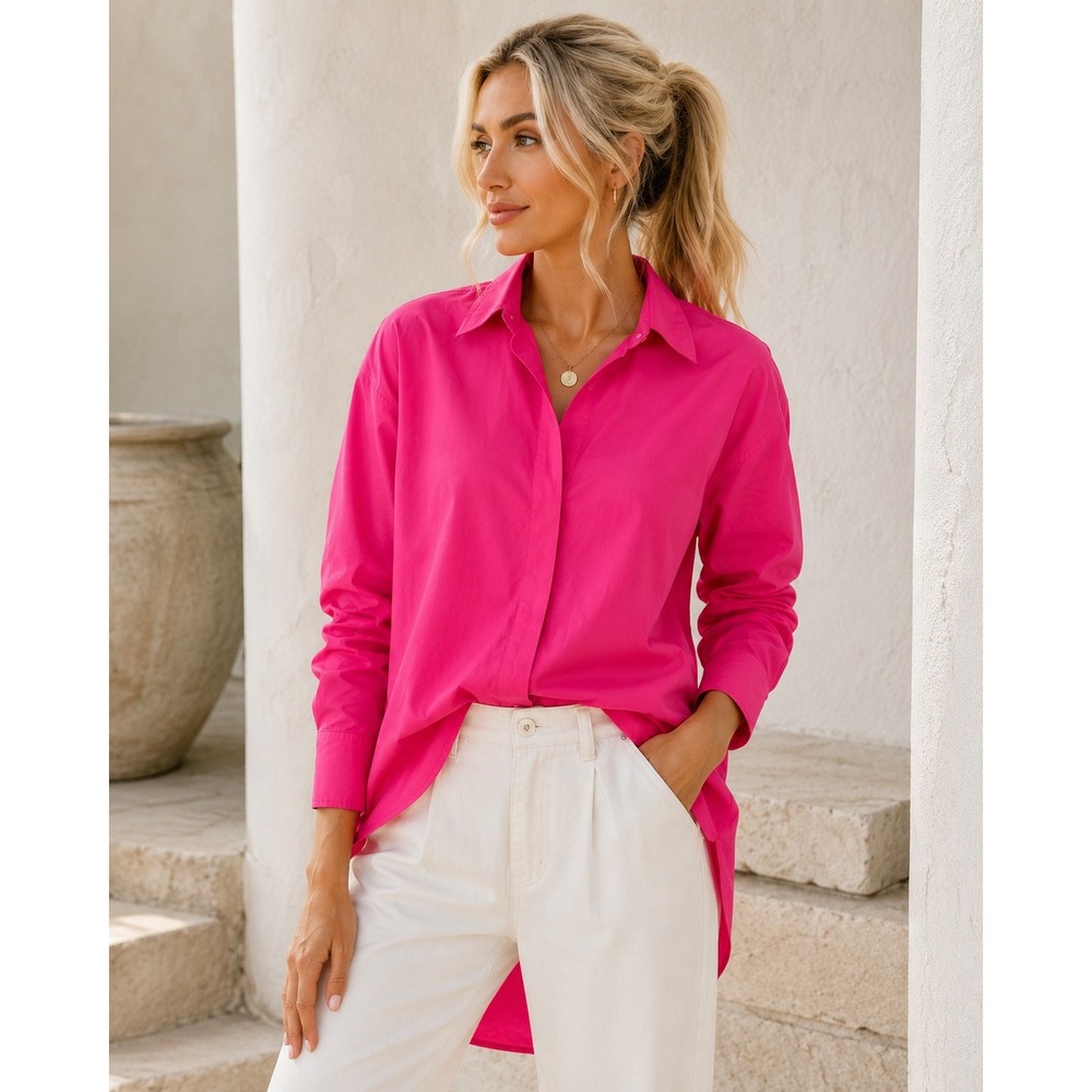 BR Pink Oversized Button Up Shirt Hot Pink Cotton Poplin Coastal Preppy Barbie